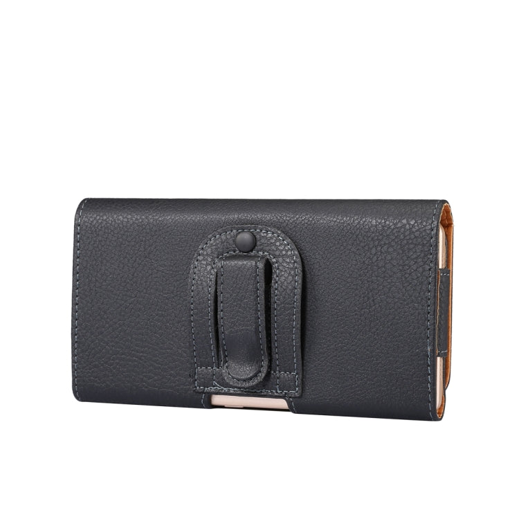 Men Litchi Texture Portable Mobile Phone Back Buckle Transverse Sleeve Waist Pack Leather Case for 6.3 Inch or Below Smartphones(Black)