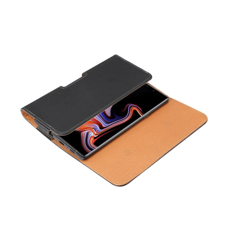 Men Litchi Texture Portable Mobile Phone Back Buckle Transverse Sleeve Waist Pack Leather Case for 6.3 Inch or Below Smartphones(Black)