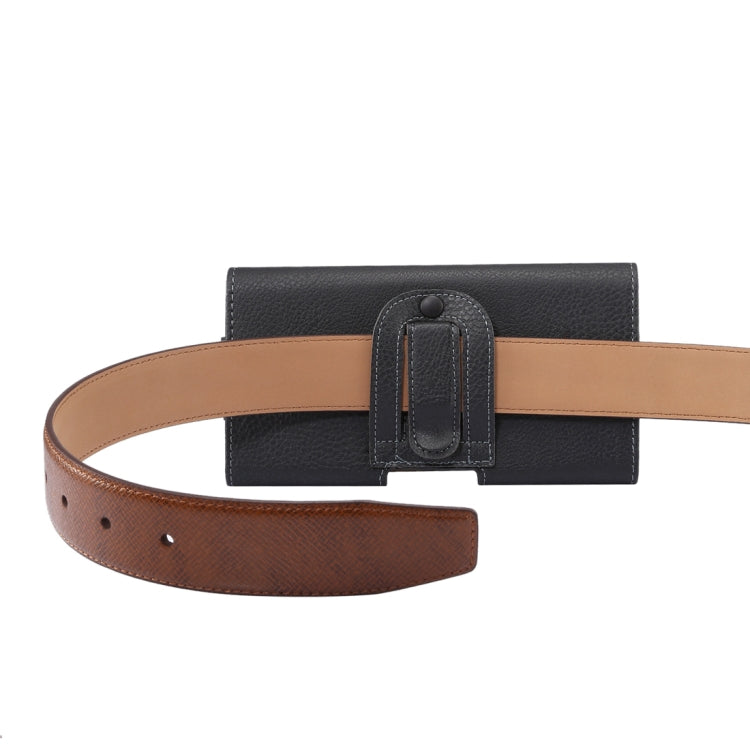 Men Litchi Texture Portable Mobile Phone Back Buckle Transverse Sleeve Waist Pack Leather Case for 6.3 Inch or Below Smartphones(Black)