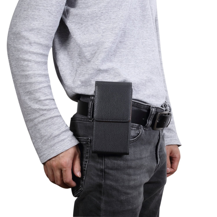 Men Litchi Texture Portable Mobile Phone Back Buckle Vertical Sleeve Waist Pack Leather Case for 6.3 Inch or Below Smartphones(Black)
