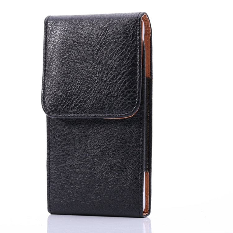 Men Litchi Texture Portable Mobile Phone Back Buckle Vertical Sleeve Waist Pack Leather Case for 6.3 Inch or Below Smartphones(Black)