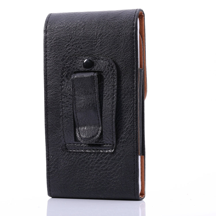 Men Litchi Texture Portable Mobile Phone Back Buckle Vertical Sleeve Waist Pack Leather Case for 6.3 Inch or Below Smartphones(Black)