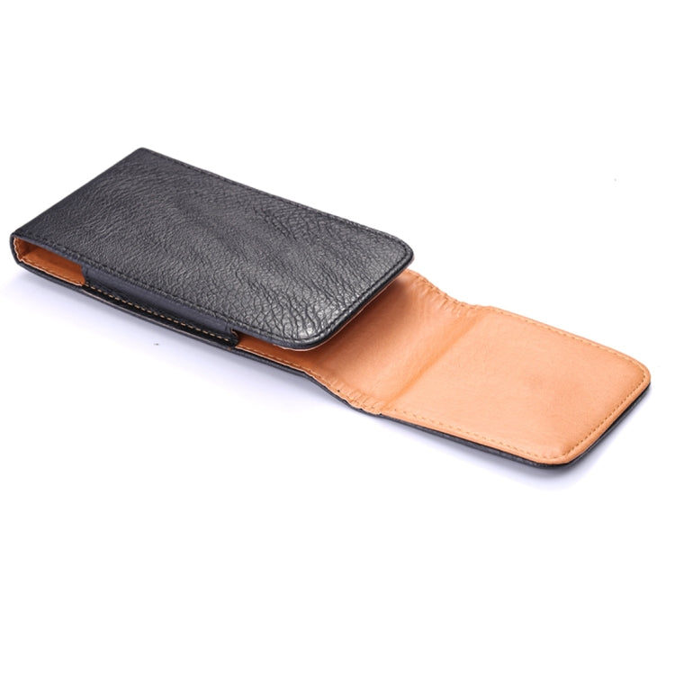 Men Litchi Texture Portable Mobile Phone Back Buckle Vertical Sleeve Waist Pack Leather Case for 6.3 Inch or Below Smartphones(Black)