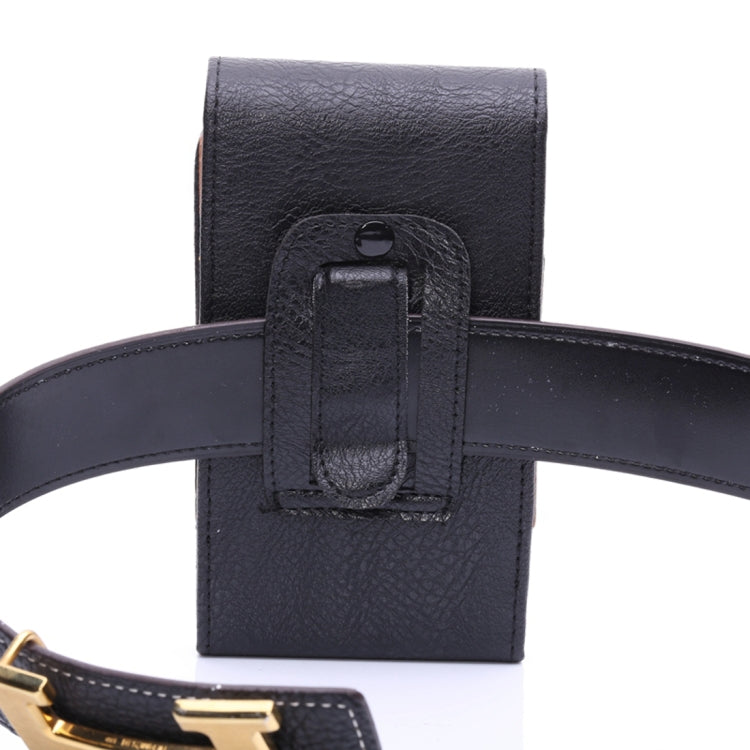 Men Litchi Texture Portable Mobile Phone Back Buckle Vertical Sleeve Waist Pack Leather Case for 6.3 Inch or Below Smartphones(Black)