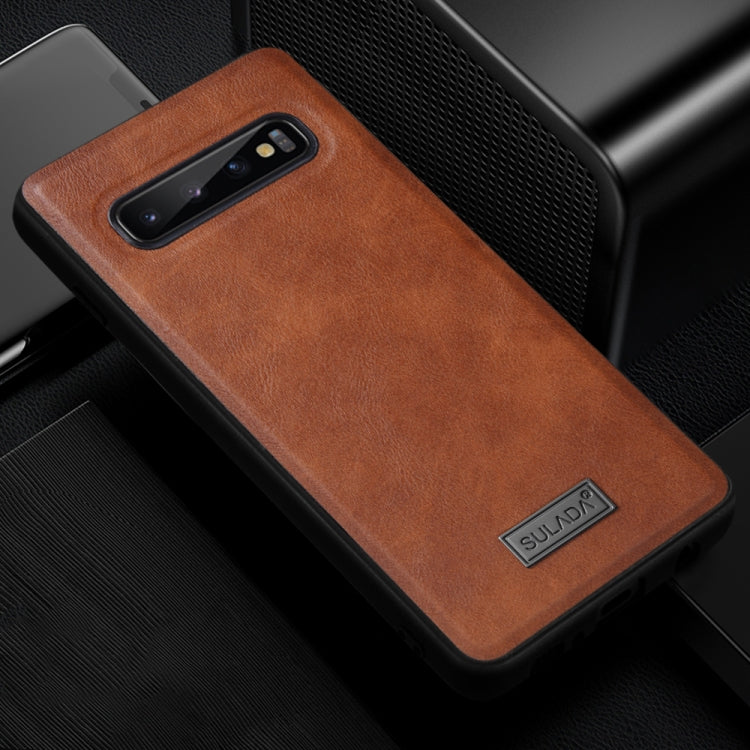 SULADA Shockproof TPU + Handmade Leather Case for Galaxy S10+ (Brown)