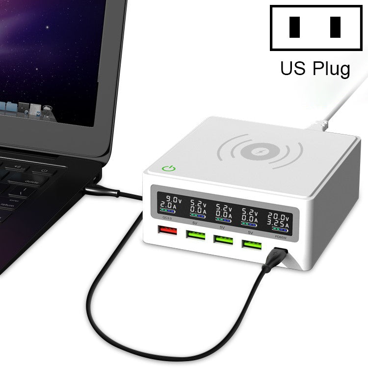 6 in 1 QC 3.0 USB Interface + 3 USB Ports + PD 65W Ports + QI Wireless Fast Charging Multi-function Charger with LED Display,
