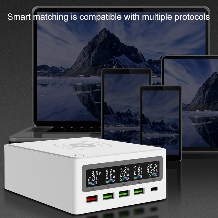 6 in 1 QC 3.0 USB Interface + 3 USB Ports + PD 65W Ports + QI Wireless Fast Charging Multi-function Charger with LED Display,