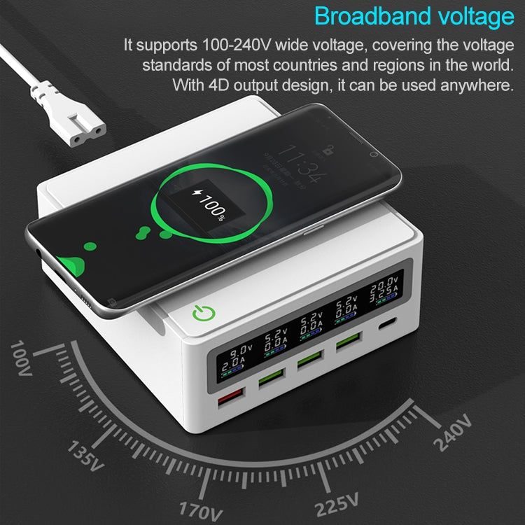 6 in 1 QC 3.0 USB Interface + 3 USB Ports + PD 65W Ports + QI Wireless Fast Charging Multi-function Charger with LED Display,