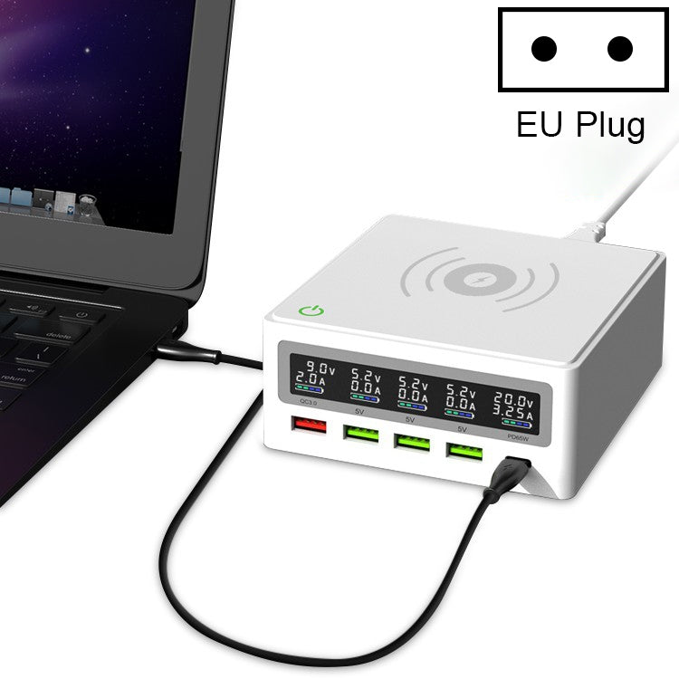 6 in 1 QC 3.0 USB Interface + 3 USB Ports + PD 65W Ports + QI Wireless Fast Charging Multi-function Charger with LED Display,