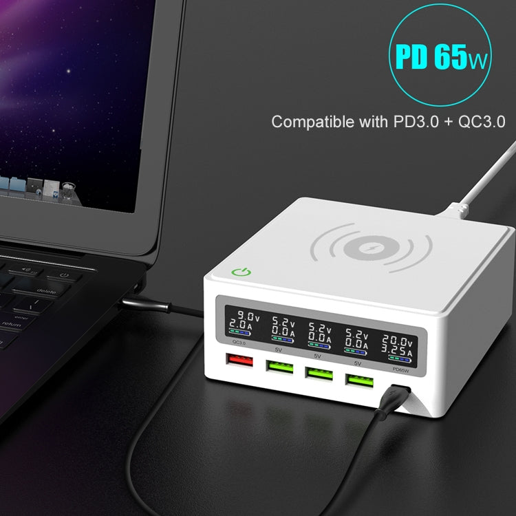 6 in 1 QC 3.0 USB Interface + 3 USB Ports + PD 65W Ports + QI Wireless Fast Charging Multi-function Charger with LED Display,