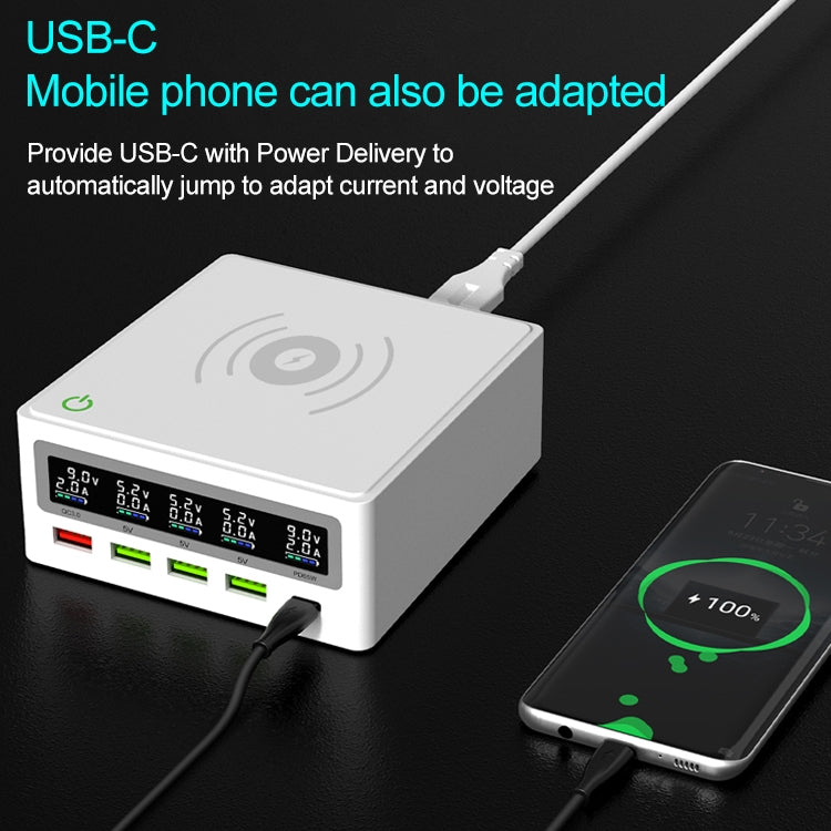 6 in 1 QC 3.0 USB Interface + 3 USB Ports + PD 65W Ports + QI Wireless Fast Charging Multi-function Charger with LED Display,