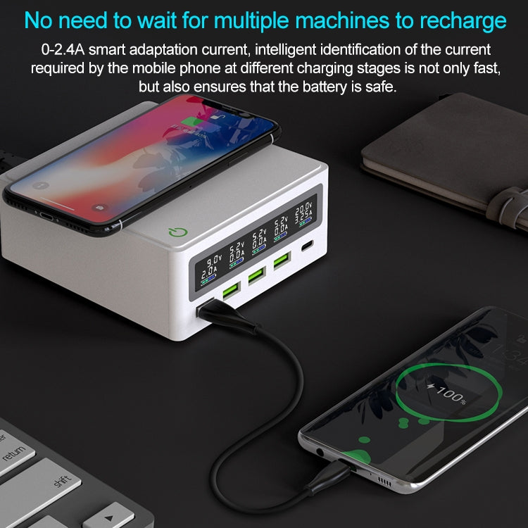 6 in 1 QC 3.0 USB Interface + 3 USB Ports + PD 65W Ports + QI Wireless Fast Charging Multi-function Charger with LED Display,