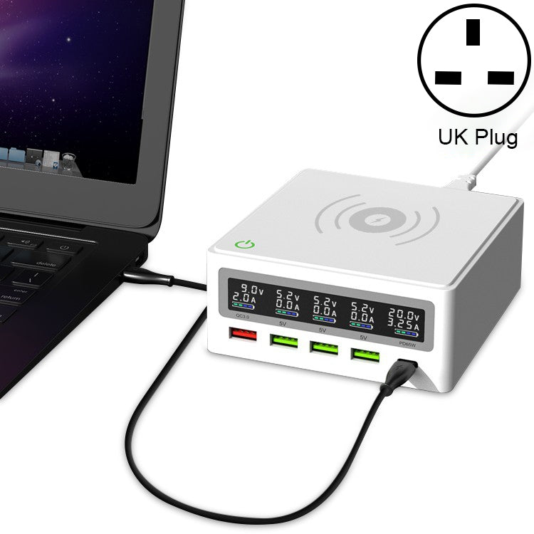 6 in 1 QC 3.0 USB Interface + 3 USB Ports + PD 65W Ports + QI Wireless Fast Charging Multi-function Charger with LED Display,