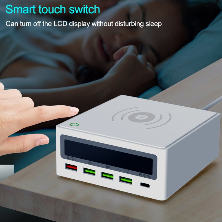 6 in 1 QC 3.0 USB Interface + 3 USB Ports + PD 65W Ports + QI Wireless Fast Charging Multi-function Charger with LED Display,