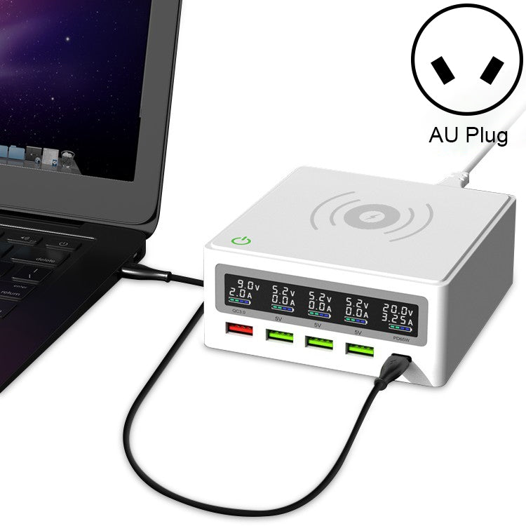 6 in 1 QC 3.0 USB Interface + 3 USB Ports + PD 65W Ports + QI Wireless Fast Charging Multi-function Charger with LED Display,