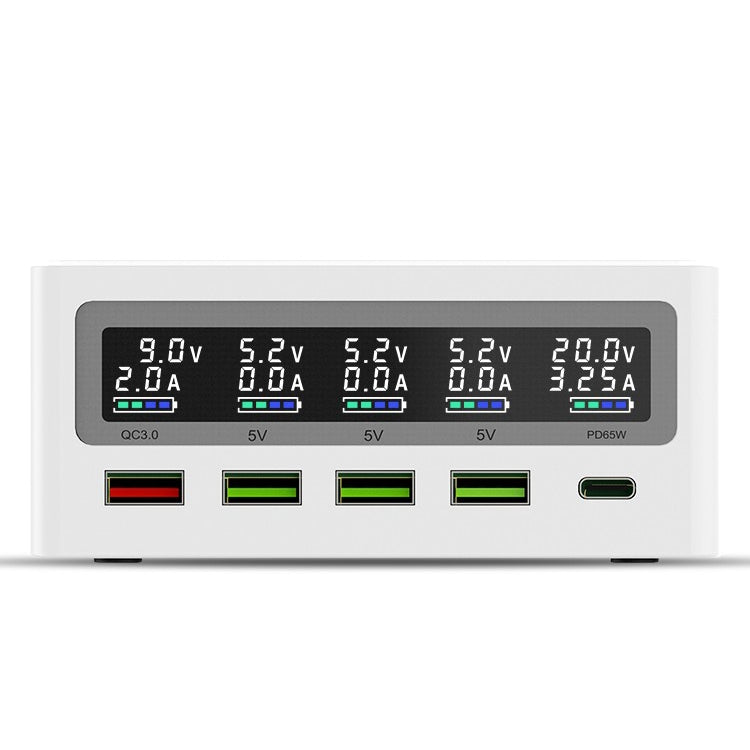6 in 1 QC 3.0 USB Interface + 3 USB Ports + PD 65W Ports + QI Wireless Fast Charging Multi-function Charger with LED Display,