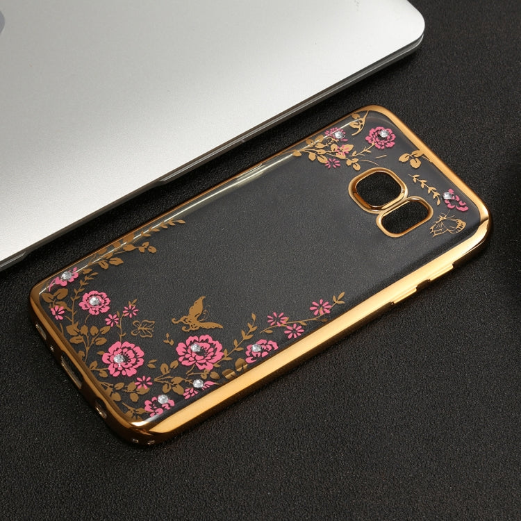 For Galaxy S7 Edge Flowers Pattern Diamond Encrusted Electroplating Soft TPU Protective Cover Case