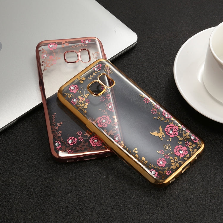 For Galaxy S7 Edge Flowers Pattern Diamond Encrusted Electroplating Soft TPU Protective Cover Case