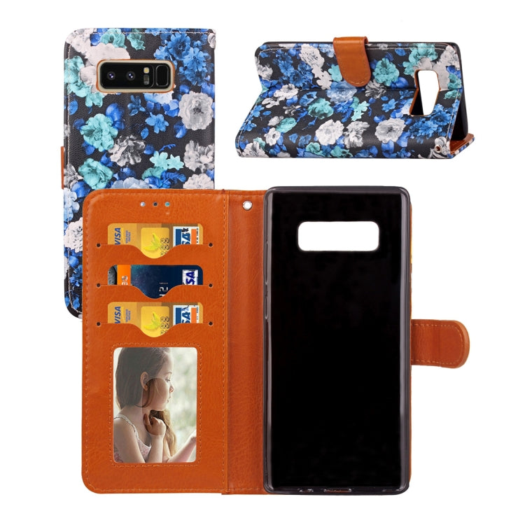 For Galaxy Note 8 Ink Flower Pattern Horizontal Flip Leather Case with Holder & Card Slots & Wallet & Photo Frame & Lanyard (Blue)