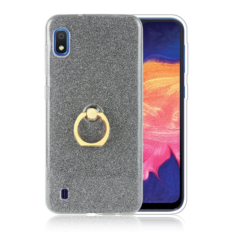 Glittery Powder Shockproof TPU Protective Case for Galaxy A10, with 360 Degree Rotation Ring Holder