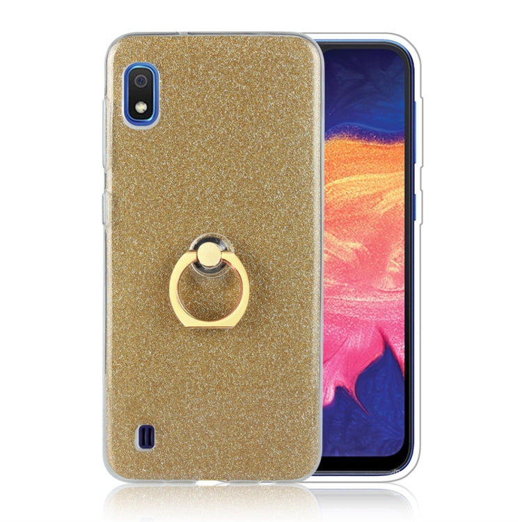 Glittery Powder Shockproof TPU Protective Case for Galaxy A10, with 360 Degree Rotation Ring Holder