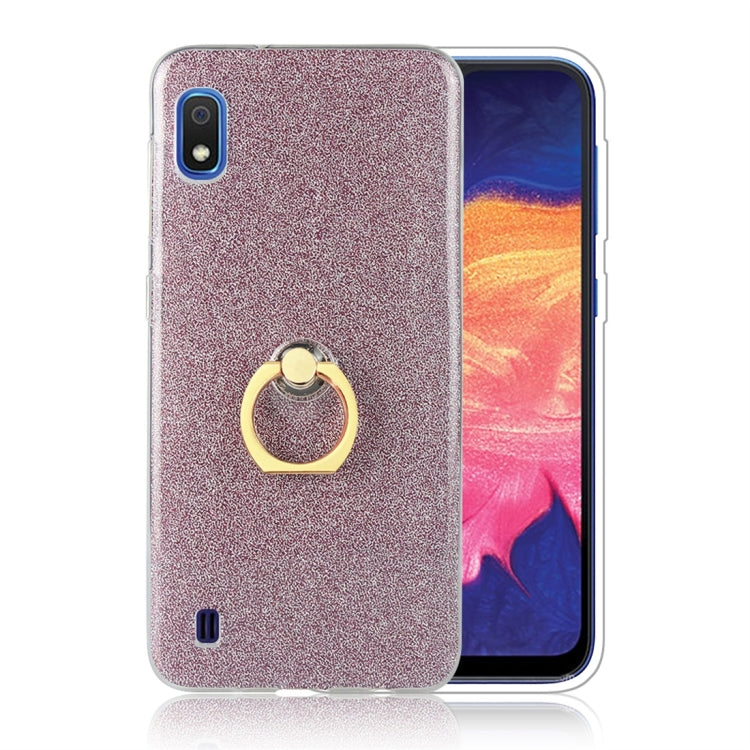 Glittery Powder Shockproof TPU Protective Case for Galaxy A10, with 360 Degree Rotation Ring Holder