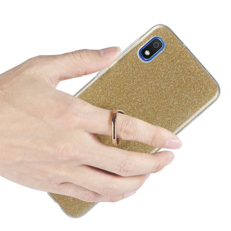 Glittery Powder Shockproof TPU Protective Case for Galaxy A10, with 360 Degree Rotation Ring Holder
