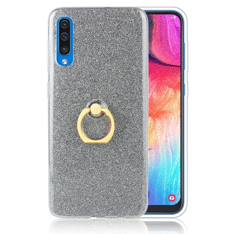 Glittery Powder Shockproof TPU Protective Case for Galaxy A50, with 360 Degree Rotation Ring Holder