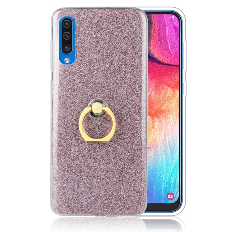 Glittery Powder Shockproof TPU Protective Case for Galaxy A70, with 360 Degree Rotation Ring Holder