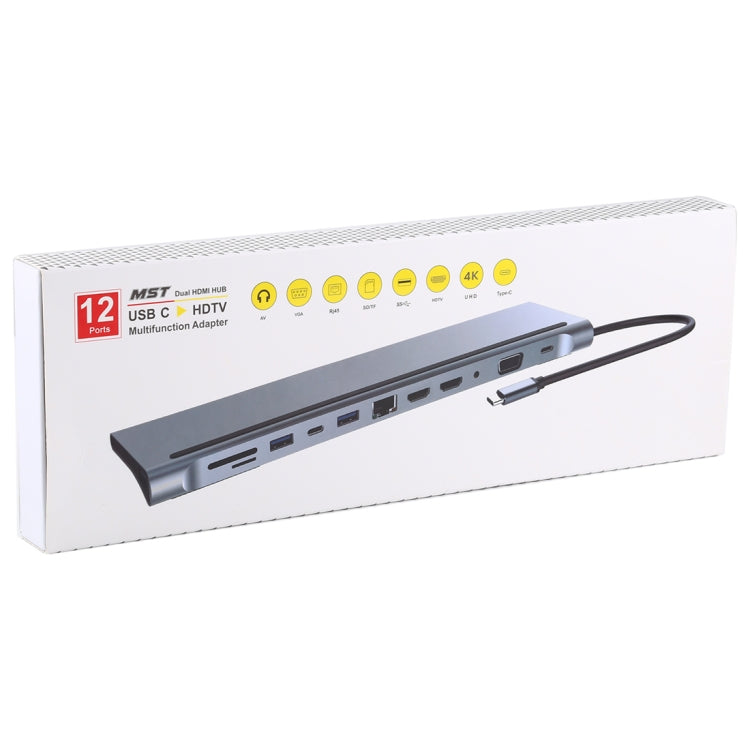12 in 1 USB3.0 x 3 + HDMI x 2 + USB-C / Type-C Female x 2 + RJ45 + SD/TF + VGA + 3.5mm Audio Port to USB-C / Type-C Male Multi-function Adapter