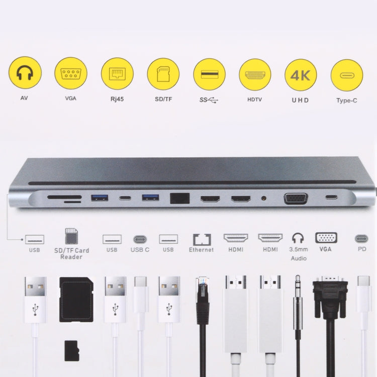 12 in 1 USB3.0 x 3 + HDMI x 2 + USB-C / Type-C Female x 2 + RJ45 + SD/TF + VGA + 3.5mm Audio Port to USB-C / Type-C Male Multi-function Adapter