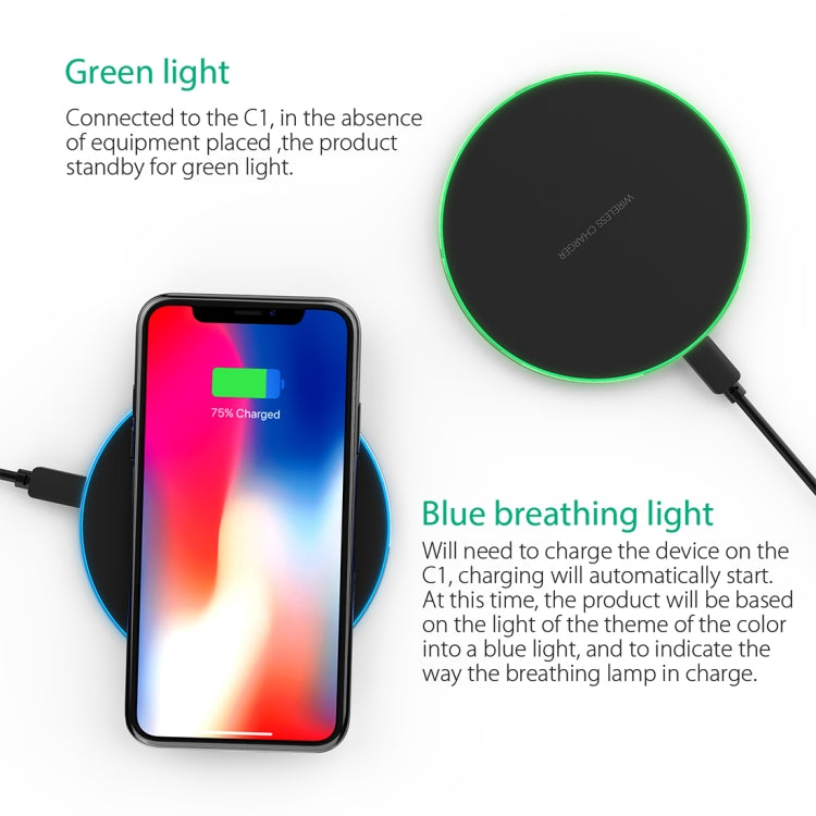C1 5V 1-1.5A Output Qi Standard Ultra-thin Aluminum Alloy Fast Wireless Charger with LED Light,Support QI Standard Phone, For iPhone X & 8 & 8 Plus, Galaxy S8 & S8 +, Huawei, Xiaomi, LG, Nokia, Google and Other Smart Phones