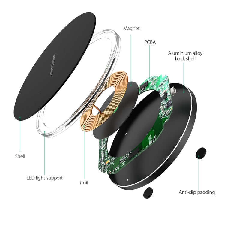 C1 5V 1-1.5A Output Qi Standard Ultra-thin Aluminum Alloy Fast Wireless Charger with LED Light,Support QI Standard Phone, For iPhone X & 8 & 8 Plus, Galaxy S8 & S8 +, Huawei, Xiaomi, LG, Nokia, Google and Other Smart Phones