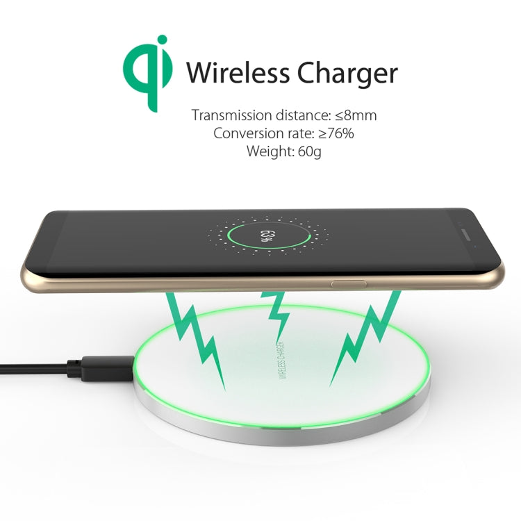 C1 5V 1-1.5A Output Qi Standard Ultra-thin Aluminum Alloy Fast Wireless Charger with LED Light,Support QI Standard Phone, For iPhone X & 8 & 8 Plus, Galaxy S8 & S8 +, Huawei, Xiaomi, LG, Nokia, Google and Other Smart Phones