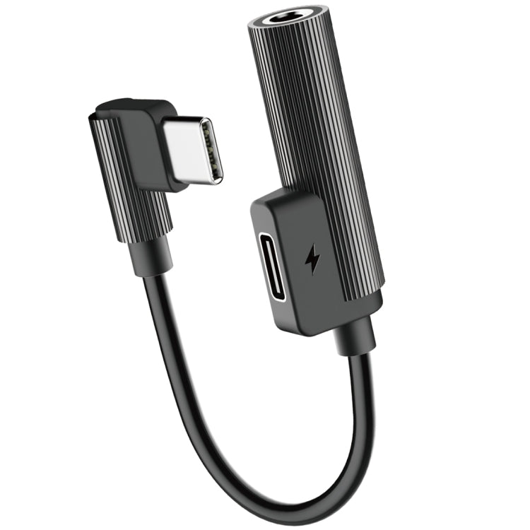 ROCK 2 in 1 USB-C / Type-C + 3.5 mm Female to Type-C Male L-shape Mini Portable Audio & Charging Adapter(Black)