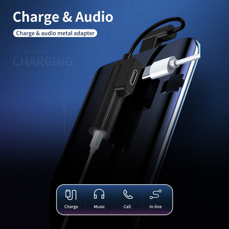 ROCK 2 in 1 USB-C / Type-C + 3.5 mm Female to Type-C Male L-shape Mini Portable Audio & Charging Adapter(Black)