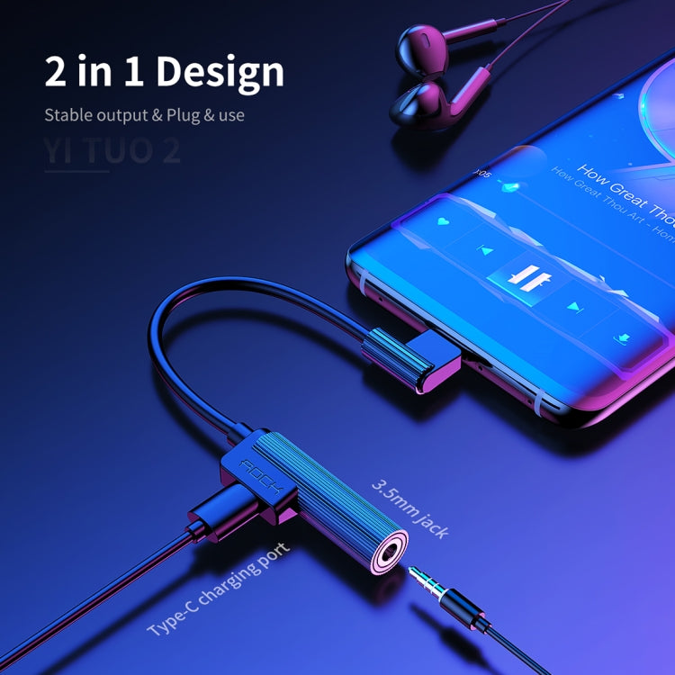 ROCK 2 in 1 USB-C / Type-C + 3.5 mm Female to Type-C Male L-shape Mini Portable Audio & Charging Adapter(Black)