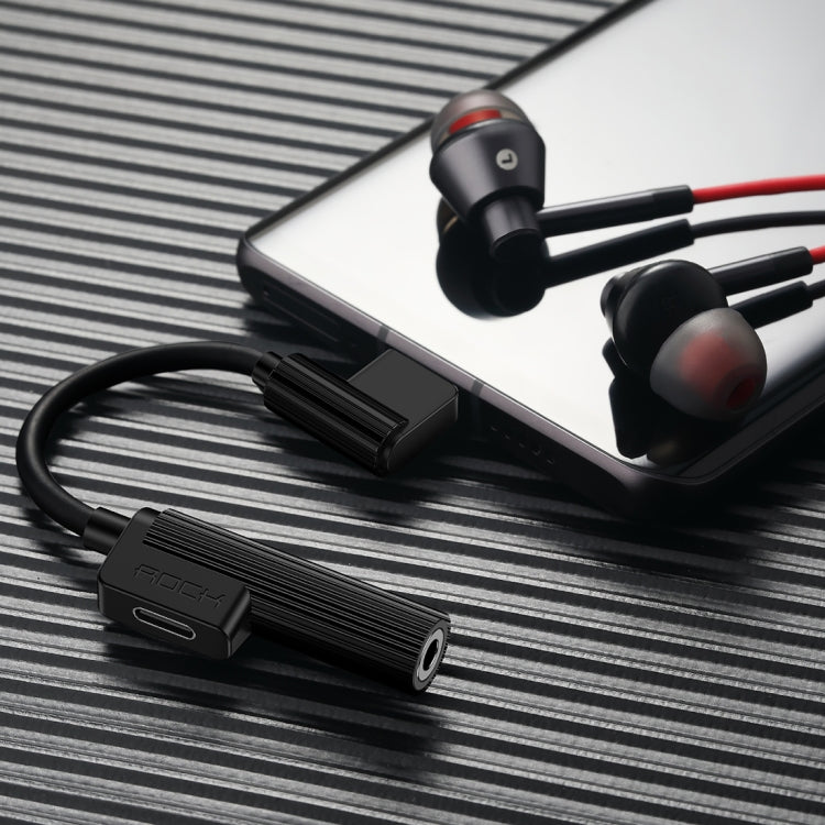 ROCK 2 in 1 USB-C / Type-C + 3.5 mm Female to Type-C Male L-shape Mini Portable Audio & Charging Adapter(Black)