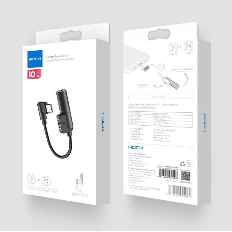 ROCK 2 in 1 USB-C / Type-C + 3.5 mm Female to Type-C Male L-shape Mini Portable Audio & Charging Adapter(Black)