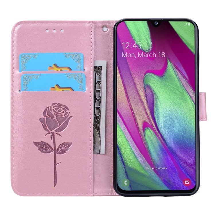 Rose Embossed Horizontal Flip PU Leather Case for Galaxy A40, with Holder & Card Slots & Wallet