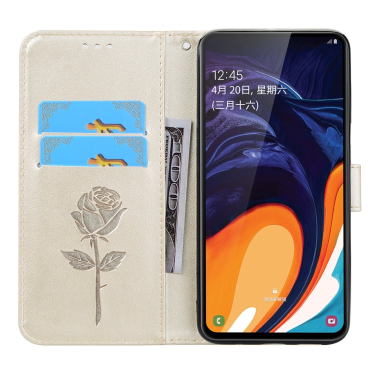 Rose Embossed Horizontal Flip PU Leather Case for Galaxy A60, with Holder & Card Slots & Wallet