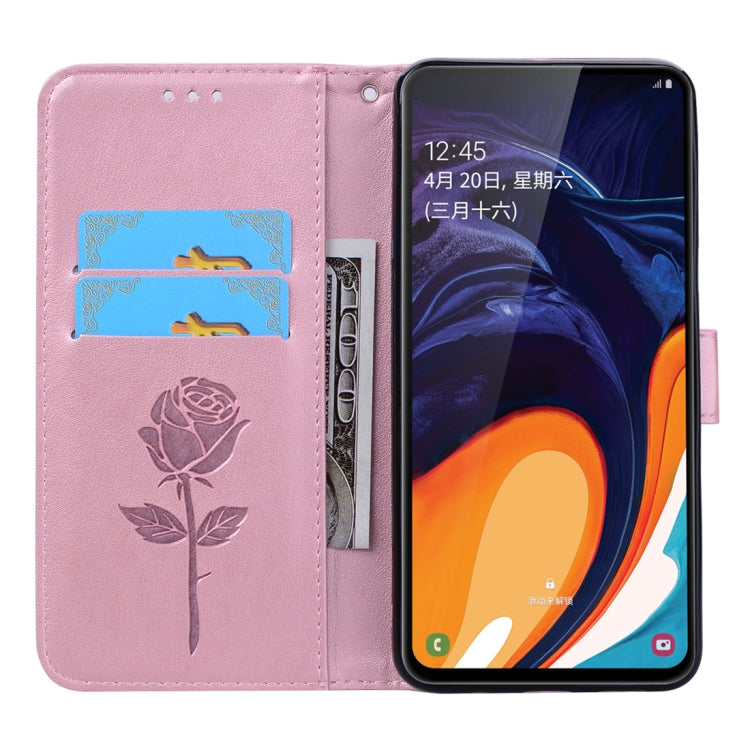 Rose Embossed Horizontal Flip PU Leather Case for Galaxy A60, with Holder & Card Slots & Wallet