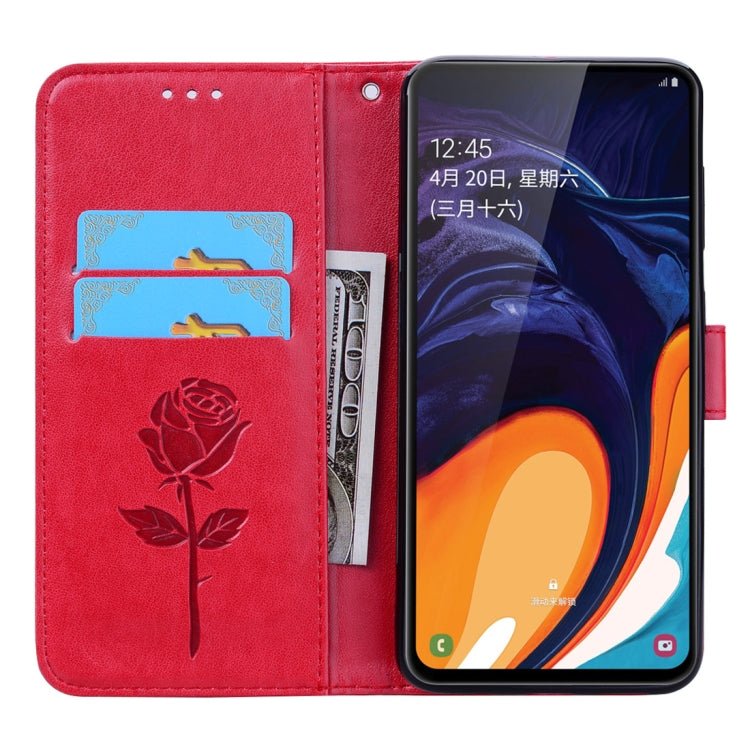 Rose Embossed Horizontal Flip PU Leather Case for Galaxy A60, with Holder & Card Slots & Wallet