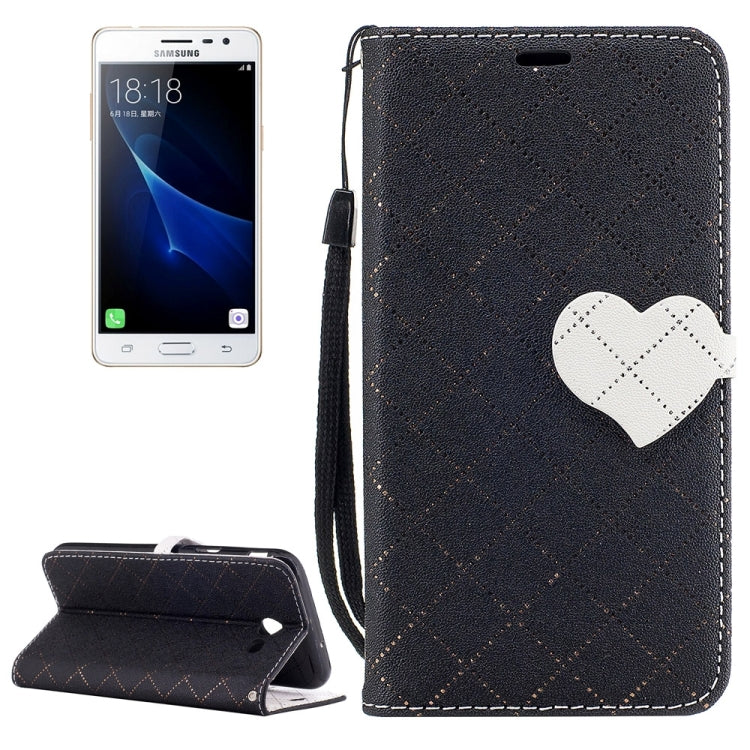 For Galaxy J3 (2017) (US Version) TPU + PU Love Contrast Color Lattice Horizontal Flip Leather Case with Holder & Card Slots & Wallet & Lanyard