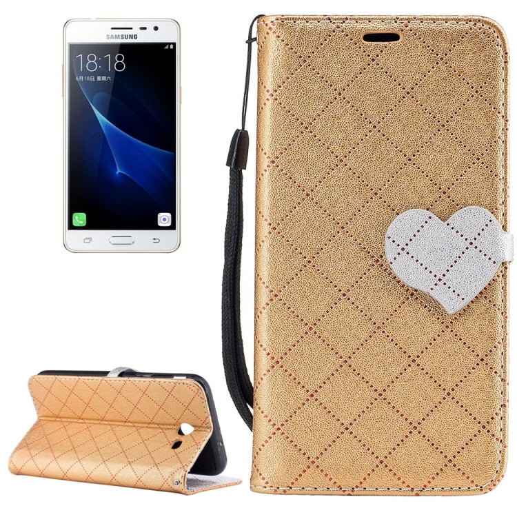 For Galaxy J3 (2017) (US Version) TPU + PU Love Contrast Color Lattice Horizontal Flip Leather Case with Holder & Card Slots & Wallet & Lanyard