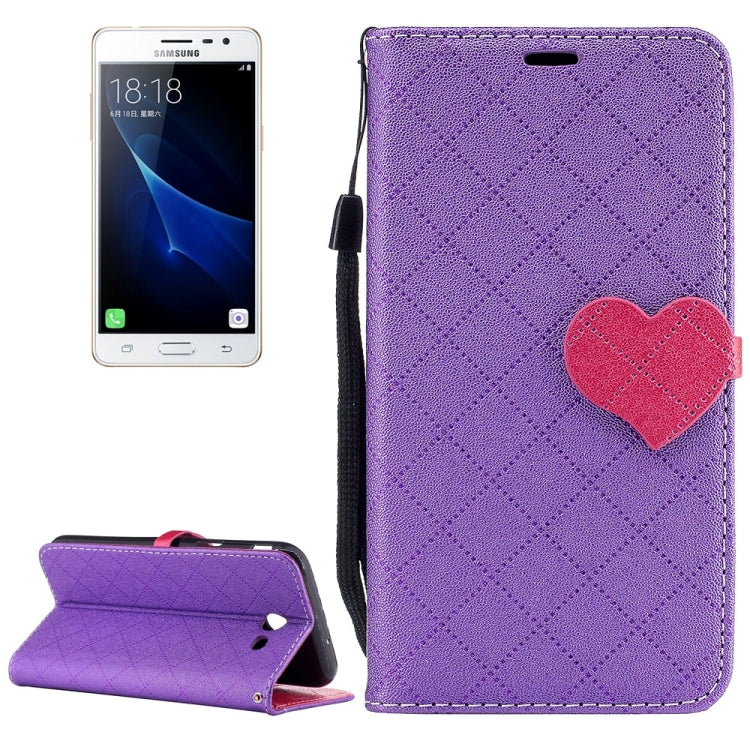 For Galaxy J3 (2017) (US Version) TPU + PU Love Contrast Color Lattice Horizontal Flip Leather Case with Holder & Card Slots & Wallet & Lanyard