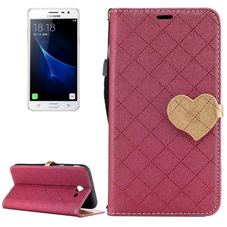 For Galaxy J3 (2017) (US Version) TPU + PU Love Contrast Color Lattice Horizontal Flip Leather Case with Holder & Card Slots & Wallet & Lanyard