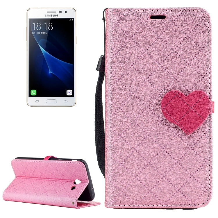 For Galaxy J3 (2017) (US Version) TPU + PU Love Contrast Color Lattice Horizontal Flip Leather Case with Holder & Card Slots & Wallet & Lanyard