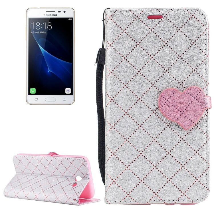 For Galaxy J3 (2017) (US Version) TPU + PU Love Contrast Color Lattice Horizontal Flip Leather Case with Holder & Card Slots & Wallet & Lanyard