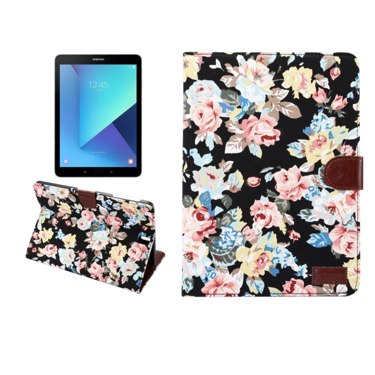 For Galaxy Tab S3 9.7 / T820 Flowers Cloth Pattern Horizontal Flip Leather Case with Holder & Card Slots & Wallet(Black)